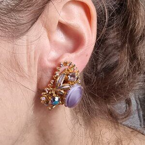 Vintage Austria Gold Clip-On Earrings With Lavender Cabochons & Aurora Borealis